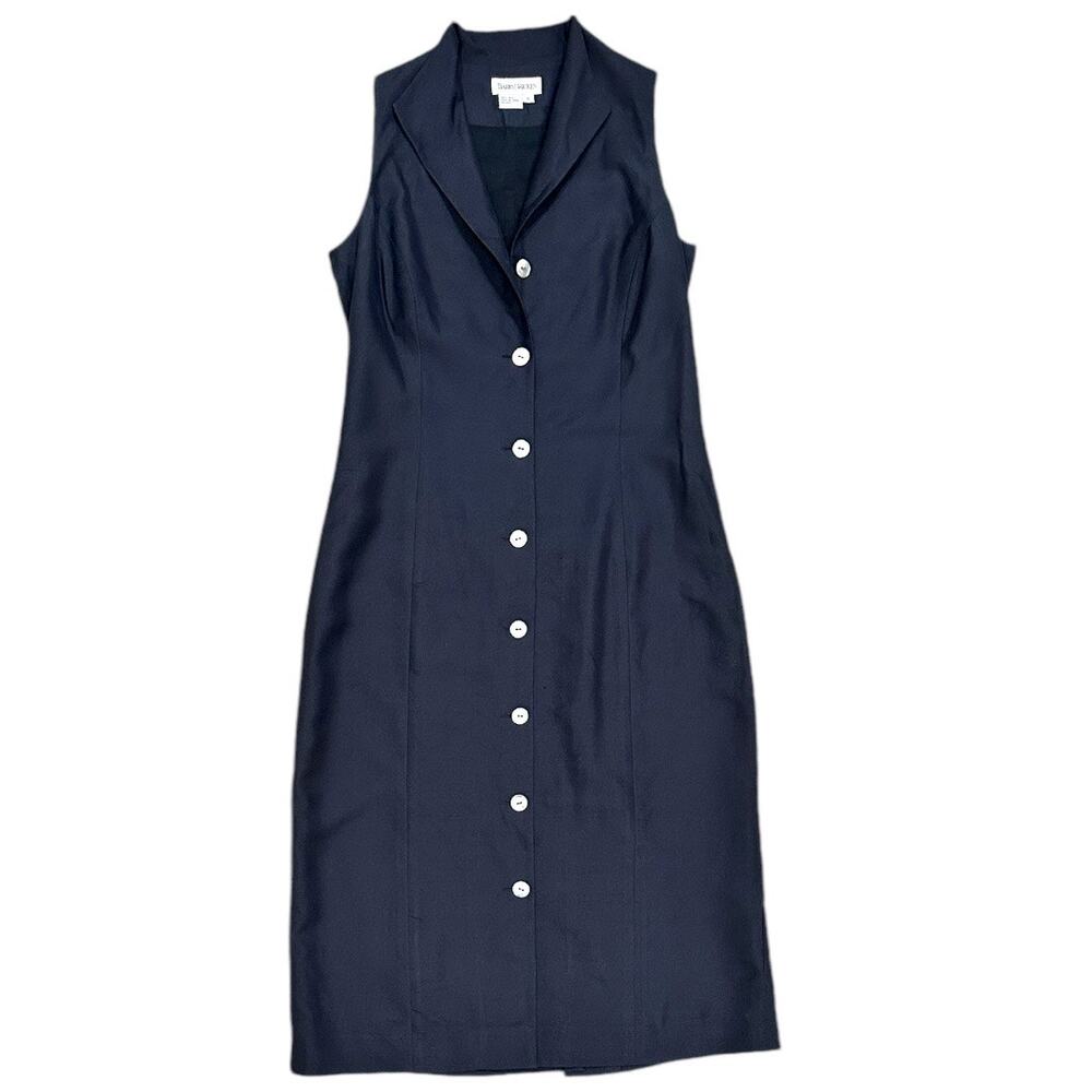 Sleeveless Navy Midi Dress Button Down Silk